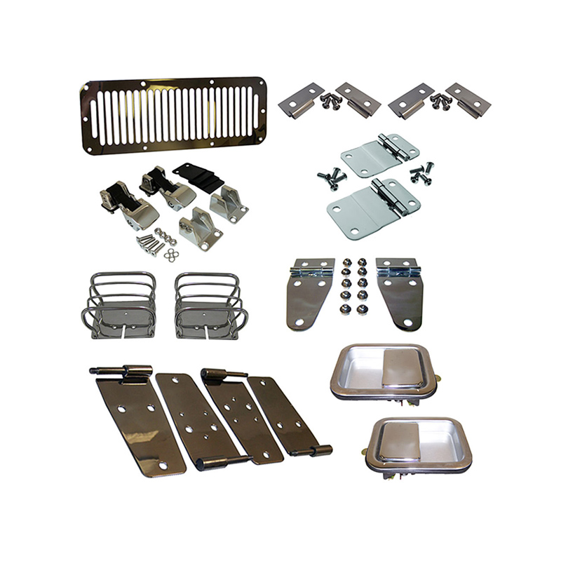 Profi Jeep Wrangler YJ-Paket aus poliertem Edelstahl, komplette Türen + neue Haubenverschluss-Kits